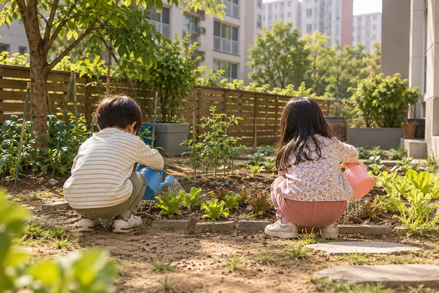 어린이집 마당 텃밭에서 아이 둘이 물뿌리개로 모종에 물을 주는 뒷모습