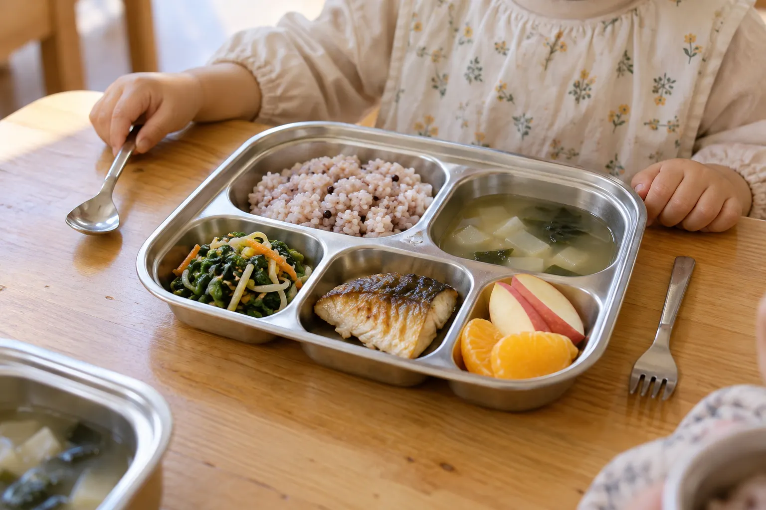 유아용 식판에 잡곡밥, 맑은 국, 나물, 생선구이, 과일이 담겨 있다
