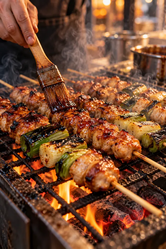 숯불 그릴 위 닭꼬치와 대파꼬치에 양념을 바르는 손