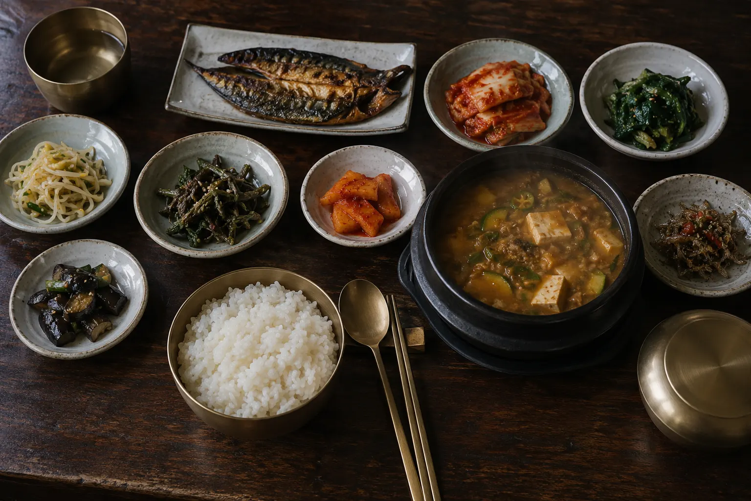 흰 쌀밥과 된장찌개, 생선구이와 나물 반찬이 차려진 한 상