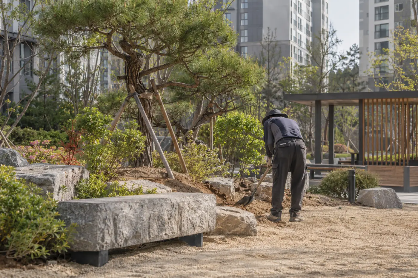소나무와 관목을 새로 심은 공동주택 쉼터 정원 시공 현장, 작업자 뒷모습