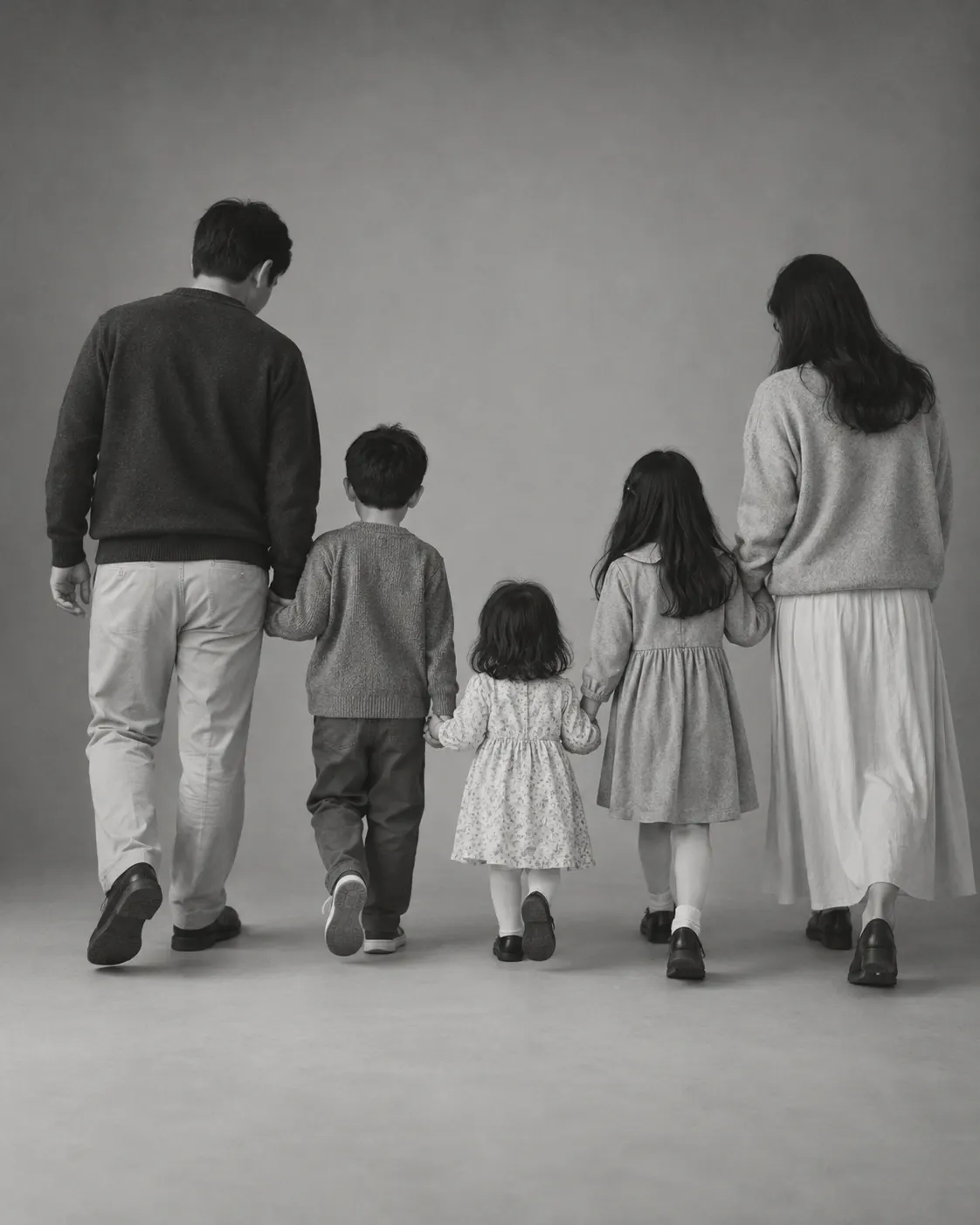 회색 배경지 앞을 나란히 걸어가는 가족의 뒷모습