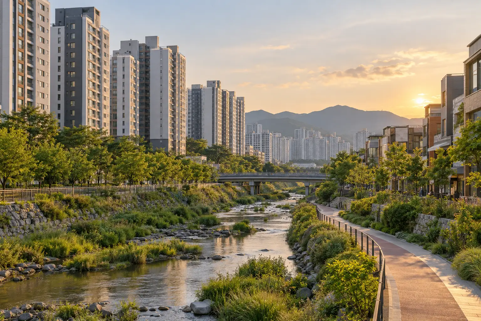 하천 산책로와 아파트 단지가 보이는 동네 풍경